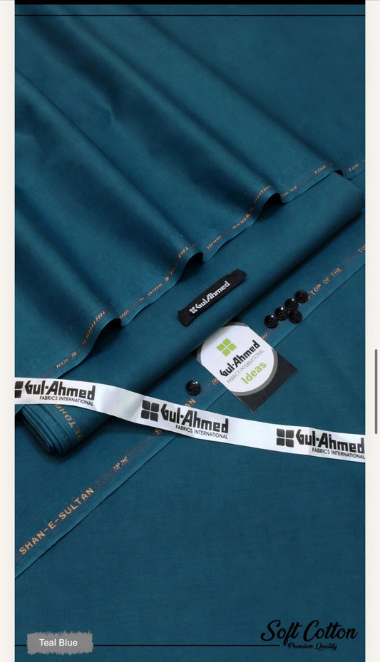 Gul Ahmed 100%Cotton-Teal Blue -Unstitched Men's Wear | Best For Summer